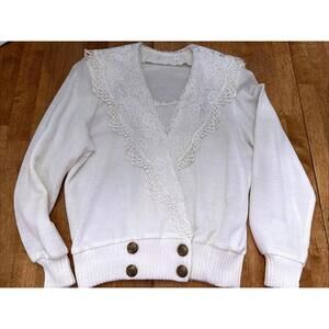 VTG Sweater Womens Sz S Lace Collar Double Breasted  Gold Buttons Cottagecore